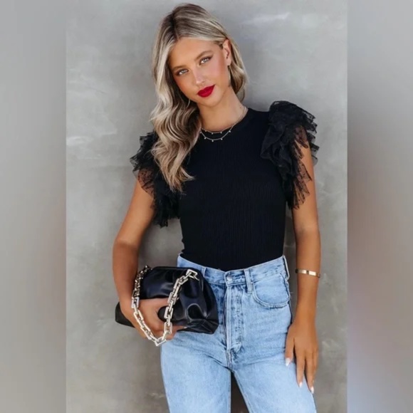 09 Swiss Dot Black Mesh Ruffle Sleeve Fitted Top - Picture 2 of 9